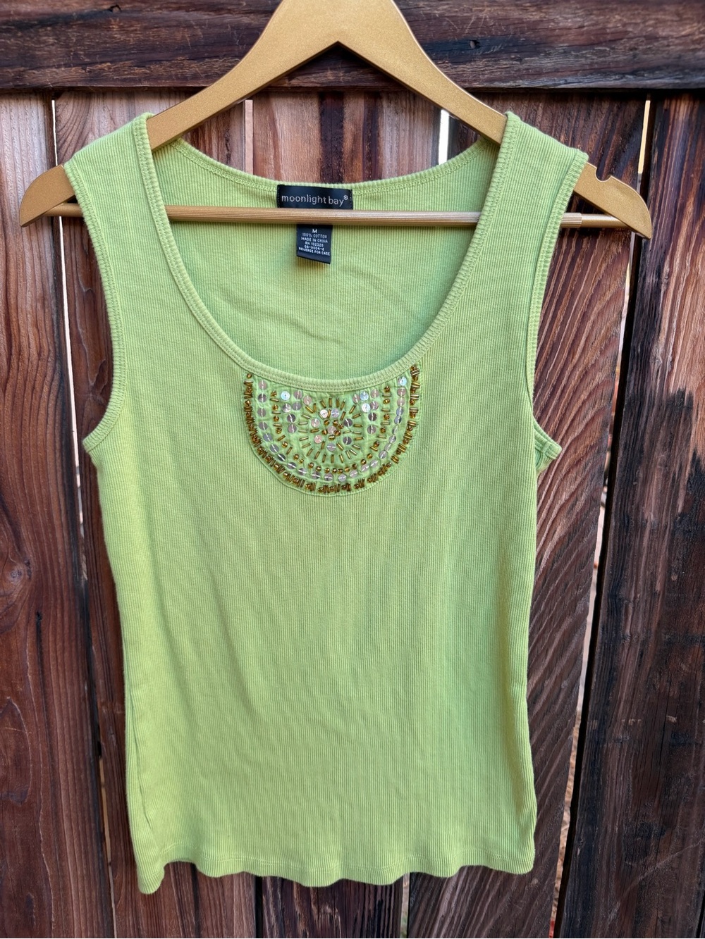 Moonlight Bay Lime Green Ribbed Tank Top Beaded Sequin Neckline Size M